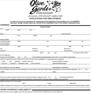 Olive Garden Application Online Job Employment Form